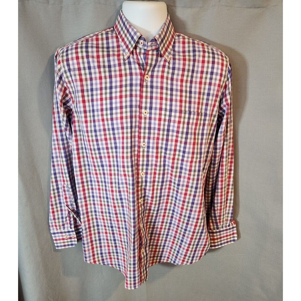 Peter Millar Button Down Shirt Men’s Size Medium Blue Red Plaid Long Sleeve
